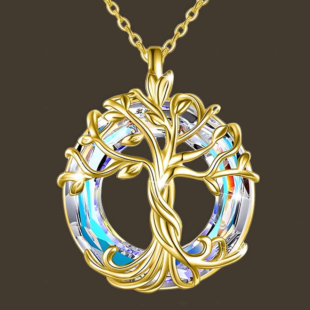 Gold Celtic Tree of Life Necklace with Dazzling Crystal Family Harmony Gift B77