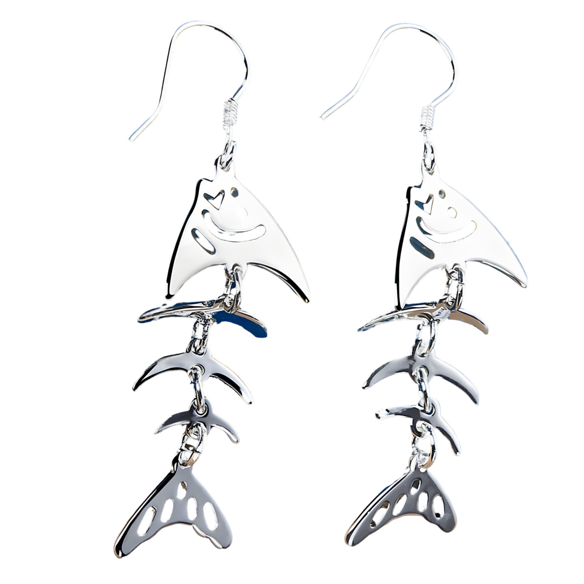 Sterling Silver Fish Skeleton Dangle Earrings - Unique Smiling Fish Jewelry B42