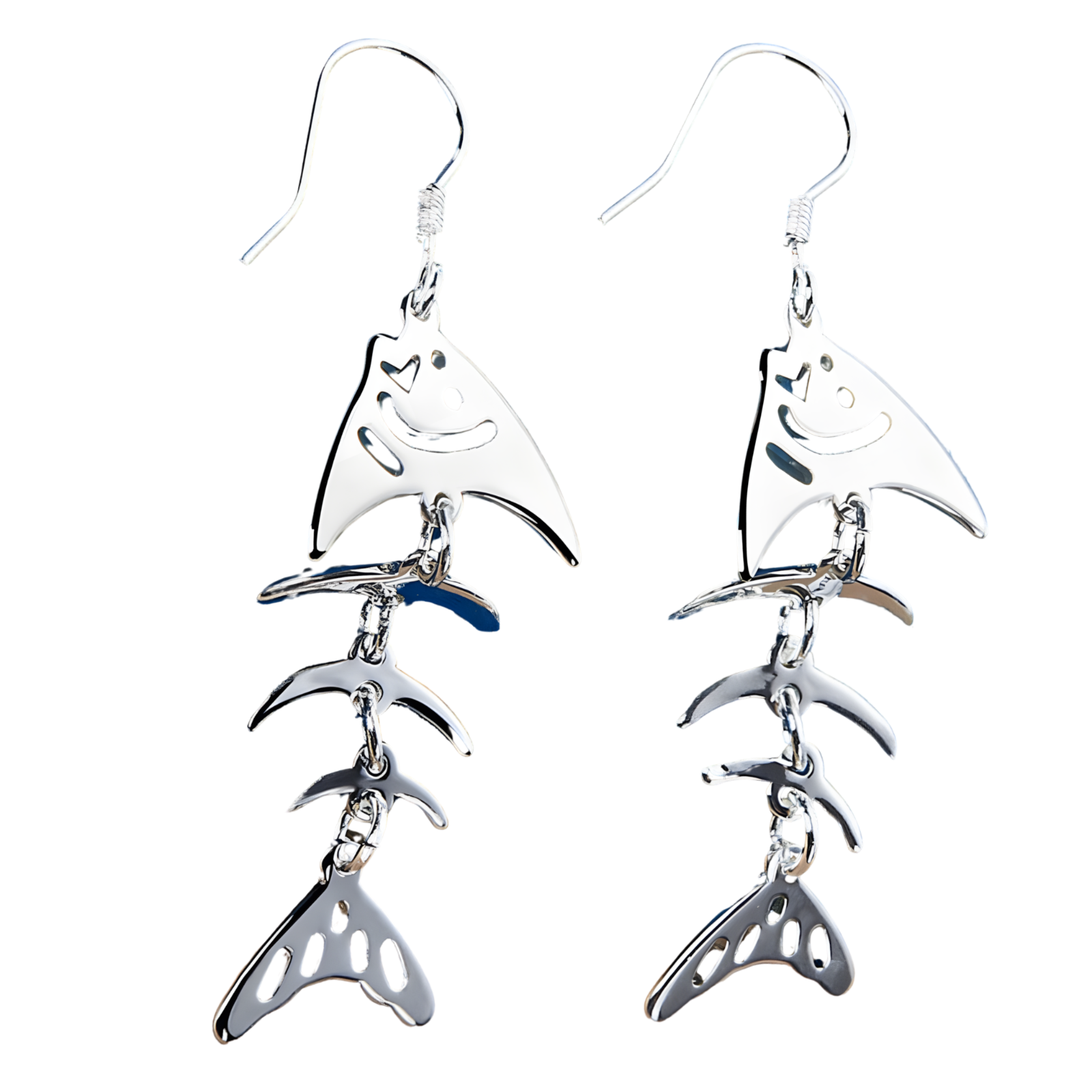 Sterling Silver Fish Skeleton Dangle Earrings - Unique Smiling Fish Jewelry B42