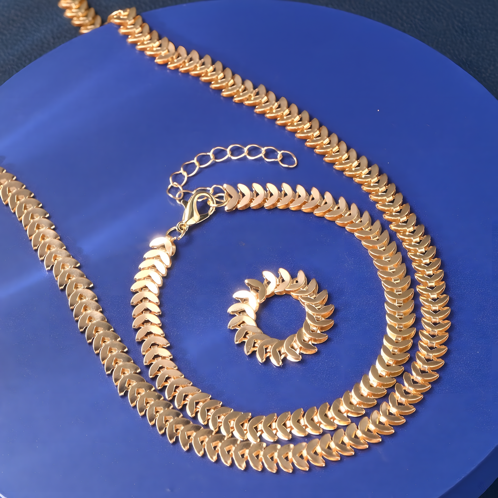 3PCS Gold Snake Chain Jewellery Set Women – Vintage Alloy Necklace, Bracelet 674