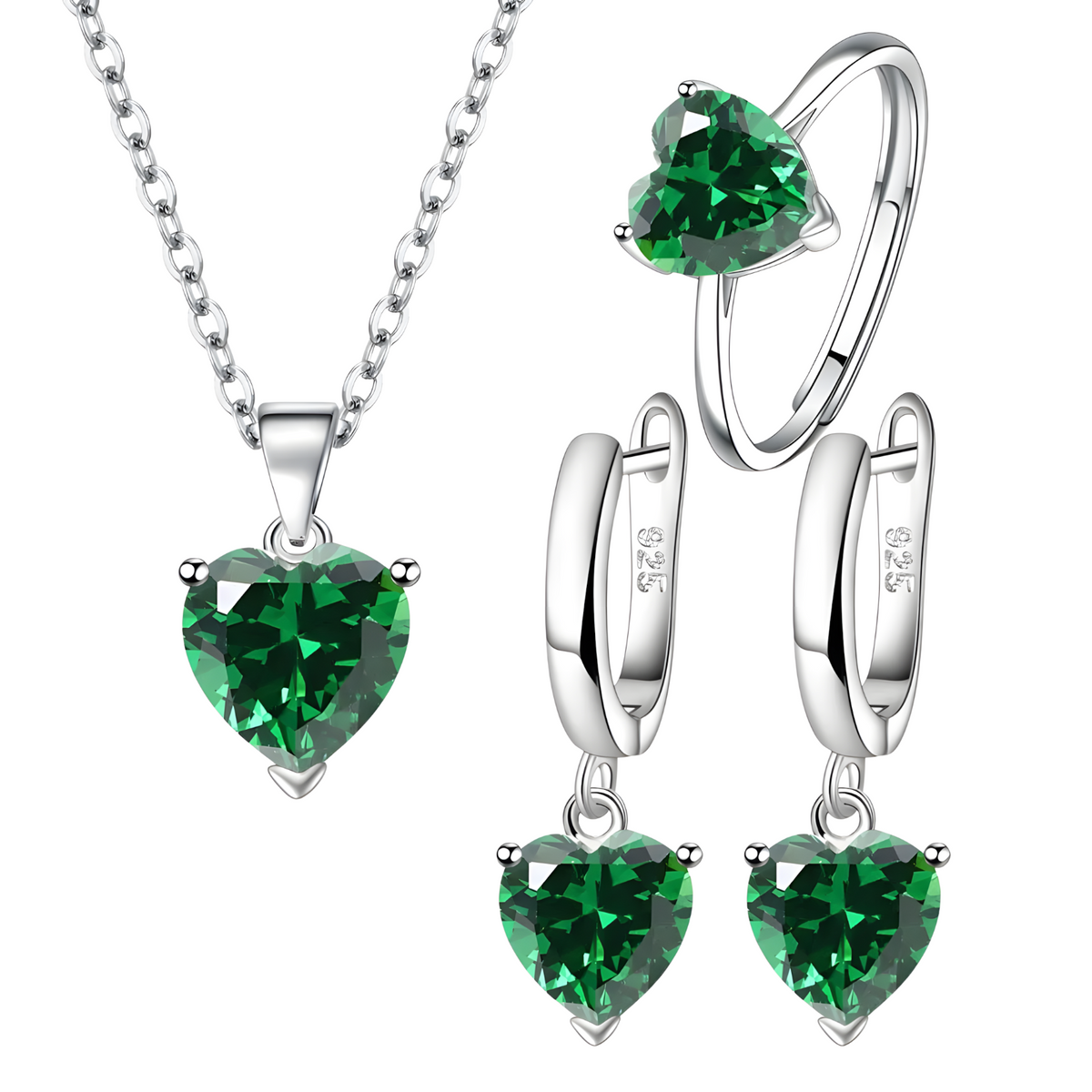 Sterling 925 Silver Heart Green Crystal Necklace Earrings Ring Set Her Gift B35