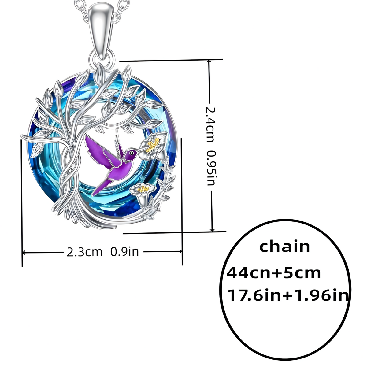 Tree of Life Hummingbird Necklace 925 Sterling Silver Pendant Blue Crystal - B57