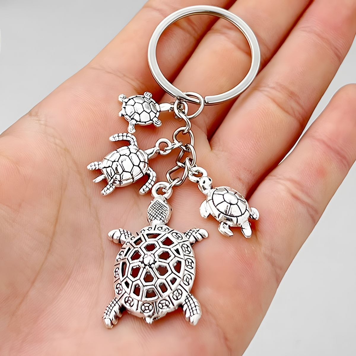 Silver Tone Sea Turtle Family Keychain Mother Father Baby Turtles B30