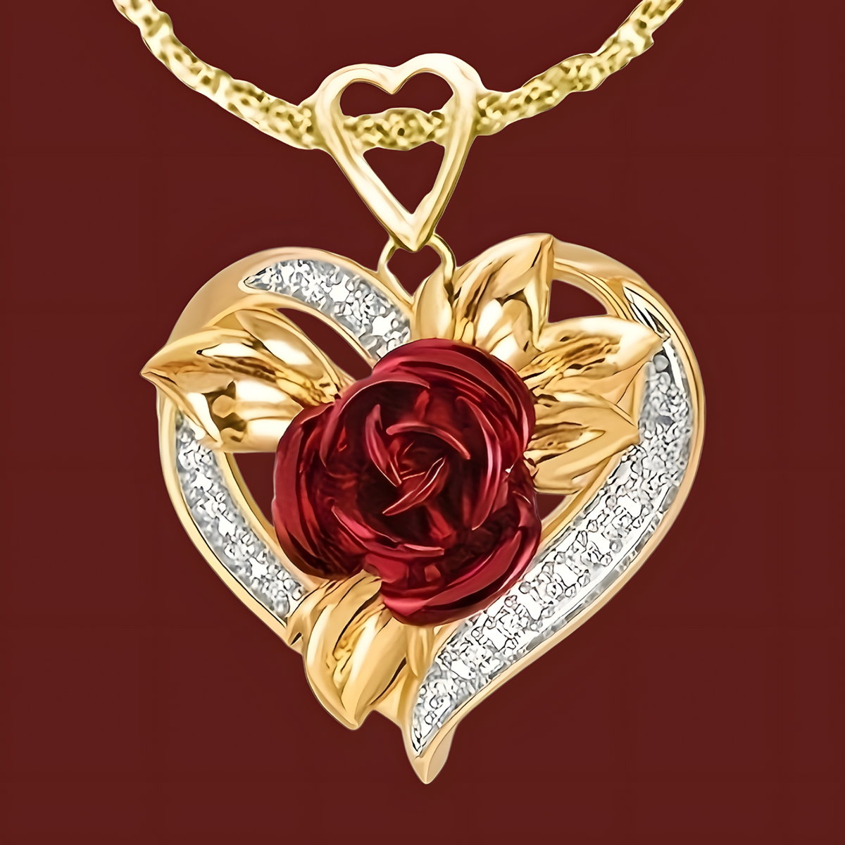 Gold Heart Red Rose Crystal Necklace | Romantic Floral Pendant Gift for Her B13