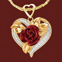 Gold Heart Red Rose Crystal Necklace | Romantic Floral Pendant Gift for Her B13
