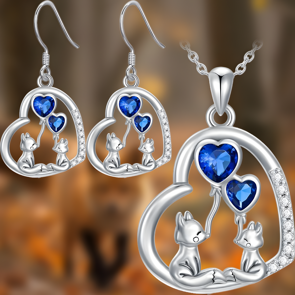 Blue Heart Fox Necklace and Earrings Set – Zinc Alloy Rhinestone Animal 1238