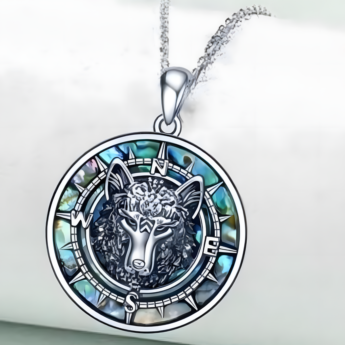 Wolf Head Pendant Necklace, Unisex Stainless Steel Animal Jewelry Abalone B162