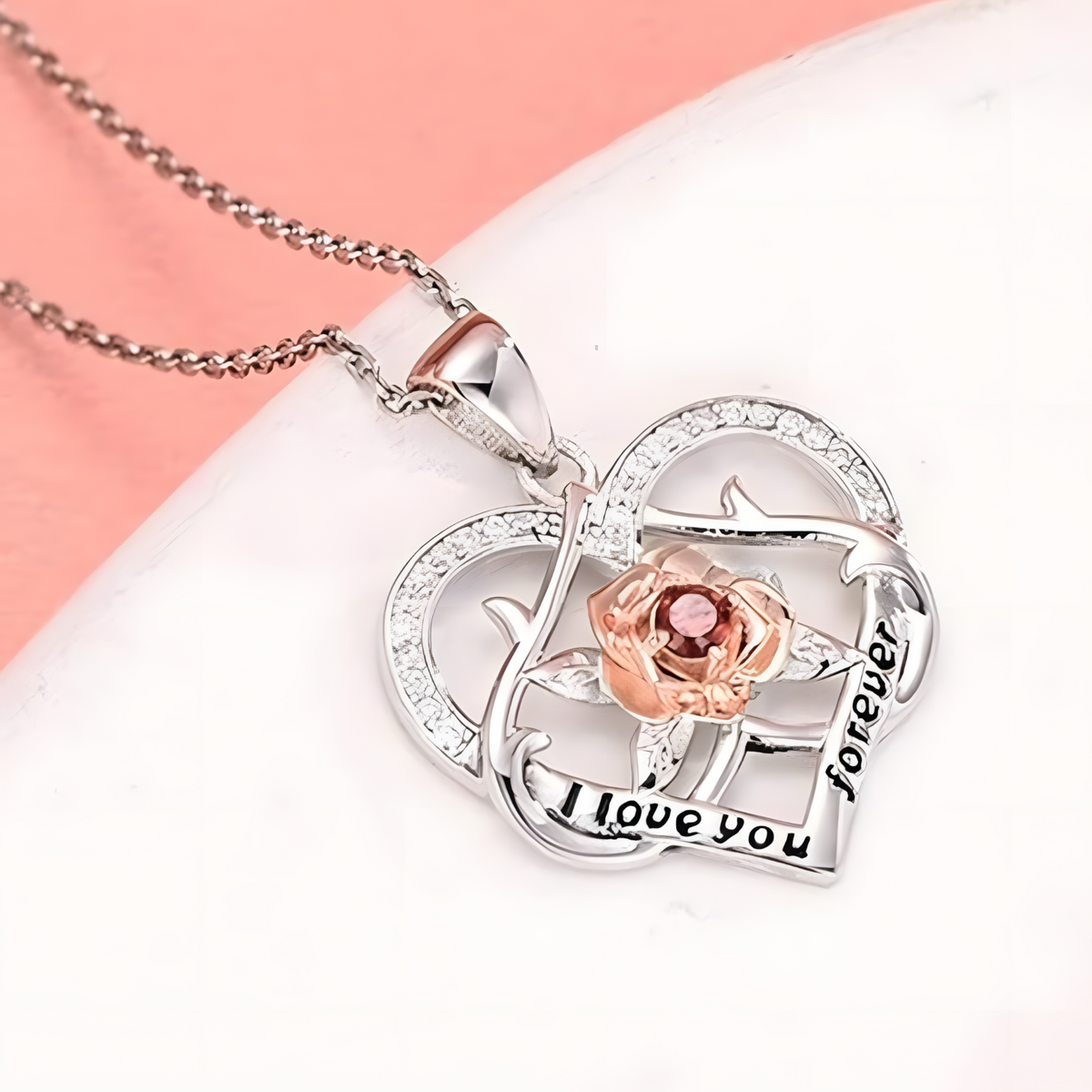 Rose Heart ‘I Love You Forever’ Necklace for Women –Zinc Alloy Double Heart 1157
