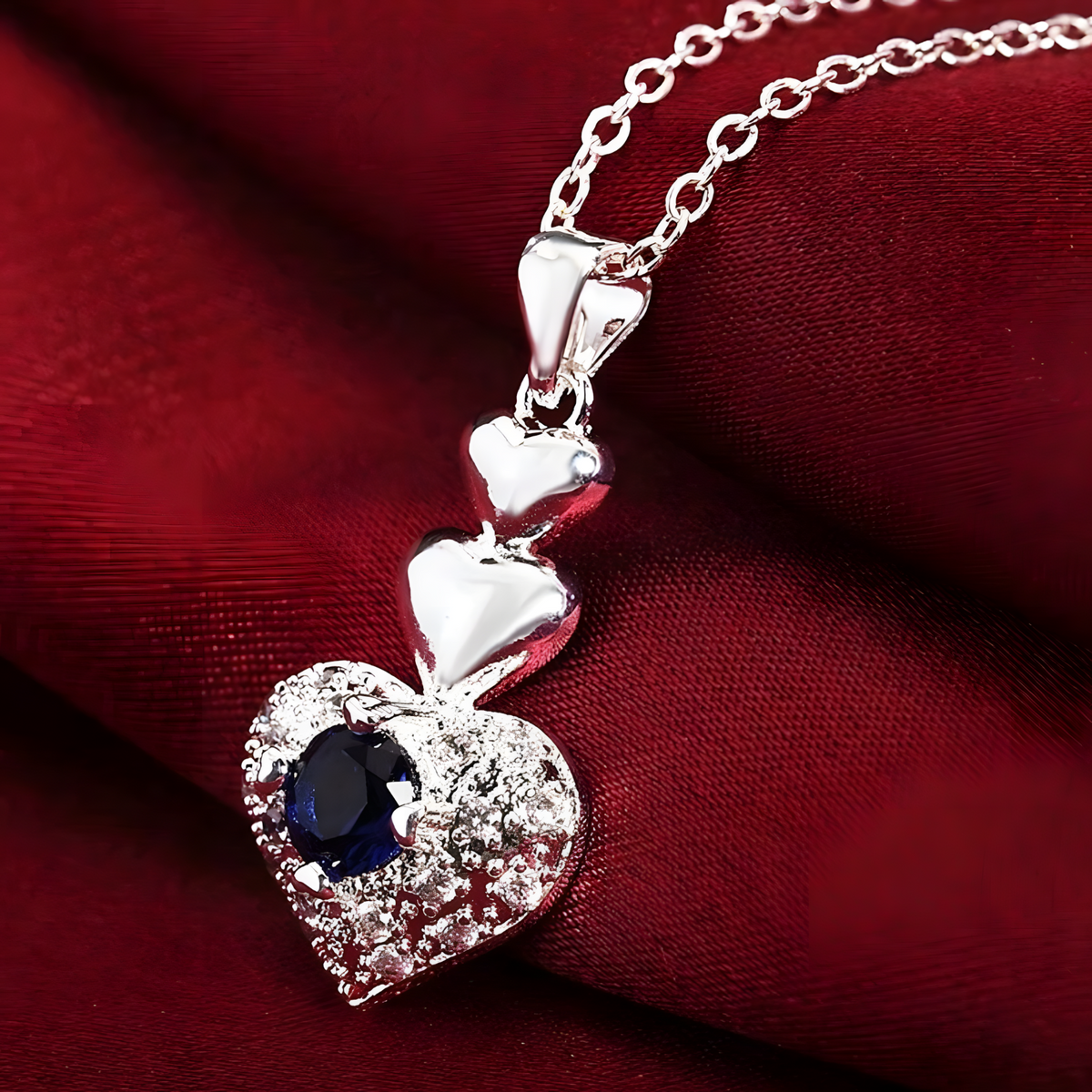Silver Plated Copper Alloy Heart Jewellery Set For Women, Blue Rhinestone 1706
