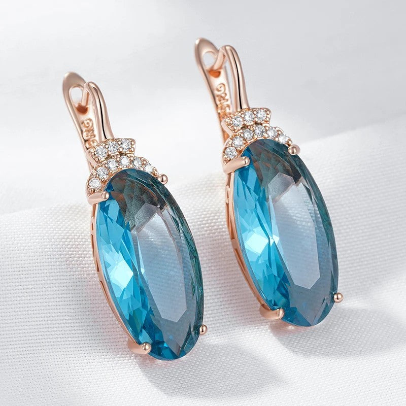 585 Rose Gold Blue Zircon Oval Drop Earrings for Women – Copper Alloy 1286