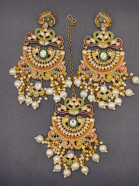 Elegant Bollywood Inspired Gold Kundan Earrings and Tika Set Indian Jewelry 247