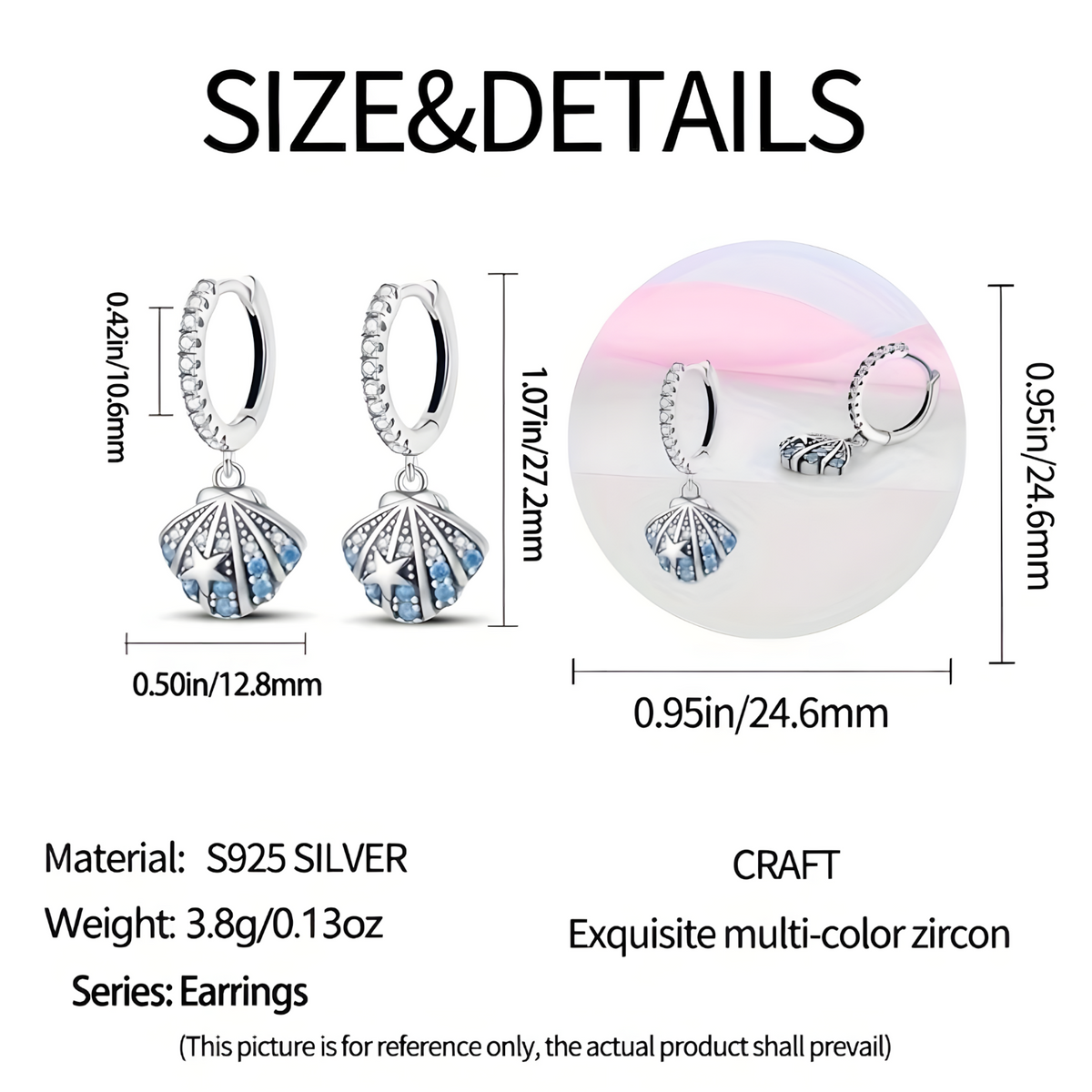 S925 Sterling Silver Blue Sea Shell Earrings for Women Real Zircon Starfish 828