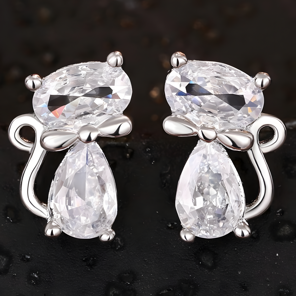 Cat Stud Earrings For Women - Faceted Oval & Teardrop Cubic Zirconia 1436
