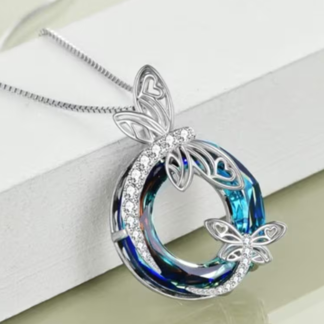 Dragonfly Necklace for Women Blue Crystal Round Pendant 39.2cm Chain 3.2cm B144