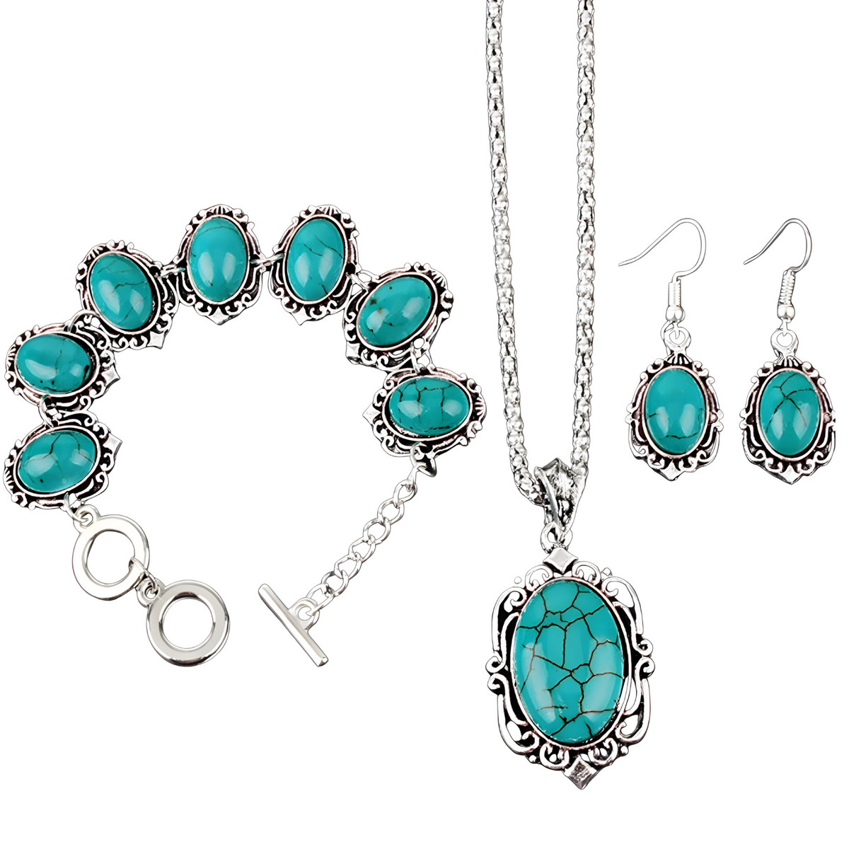 Vintage Turquoise Jewelry Set Women Necklace Bracelet Earrings Blue Stone B265