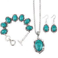 Vintage Turquoise Jewelry Set Women Necklace Bracelet Earrings Blue Stone B265