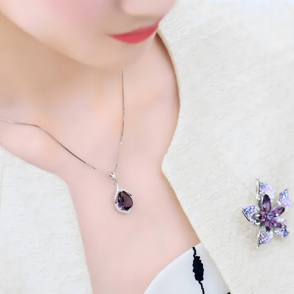 Silver Colour Water Drop Pendant Necklace for Women-Purple Crystal Teardrop 669