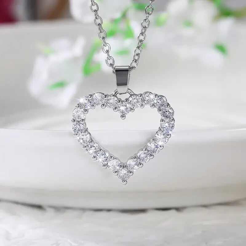 925 Silver Plated Birthstone Heart-Shaped Zircon Pendant Necklace 18