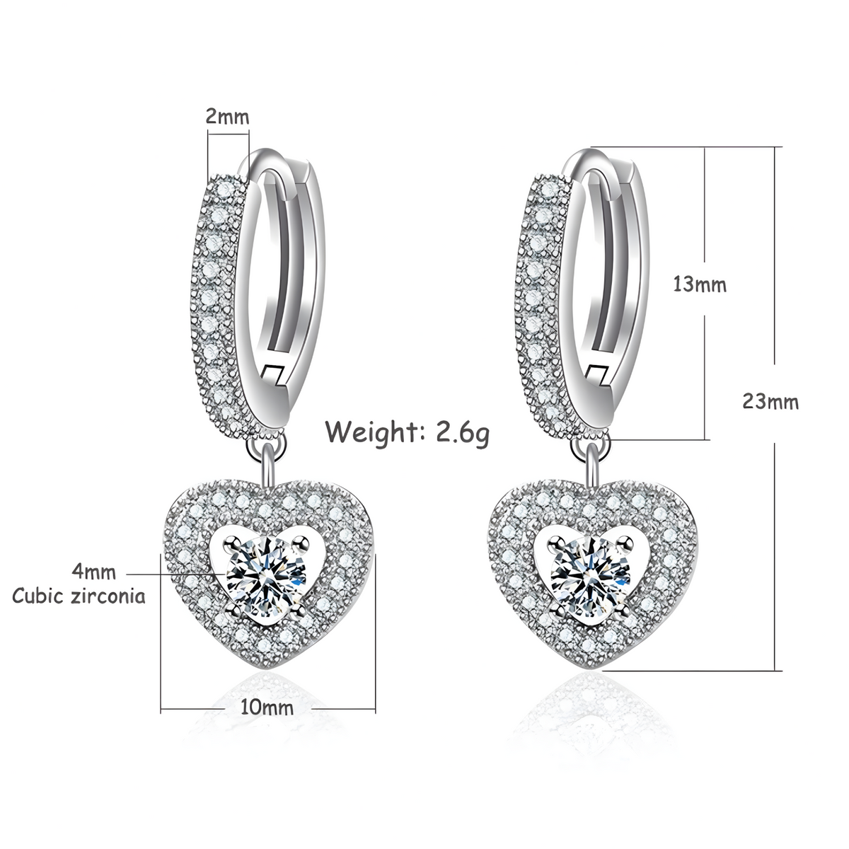 925 Sterling Silver Heart Drop Hoop Earrings Huggie Hoops Sparkling CZ Charm 336