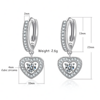 925 Sterling Silver Heart Drop Hoop Earrings Huggie Hoops Sparkling CZ Charm 336