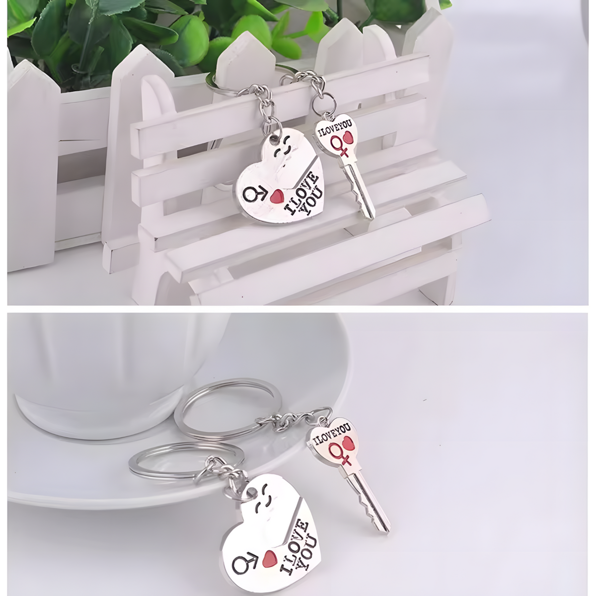 Silver Tone "I Love You" Heart & Key Couple Keychains Set Love Gift Pair Set B29