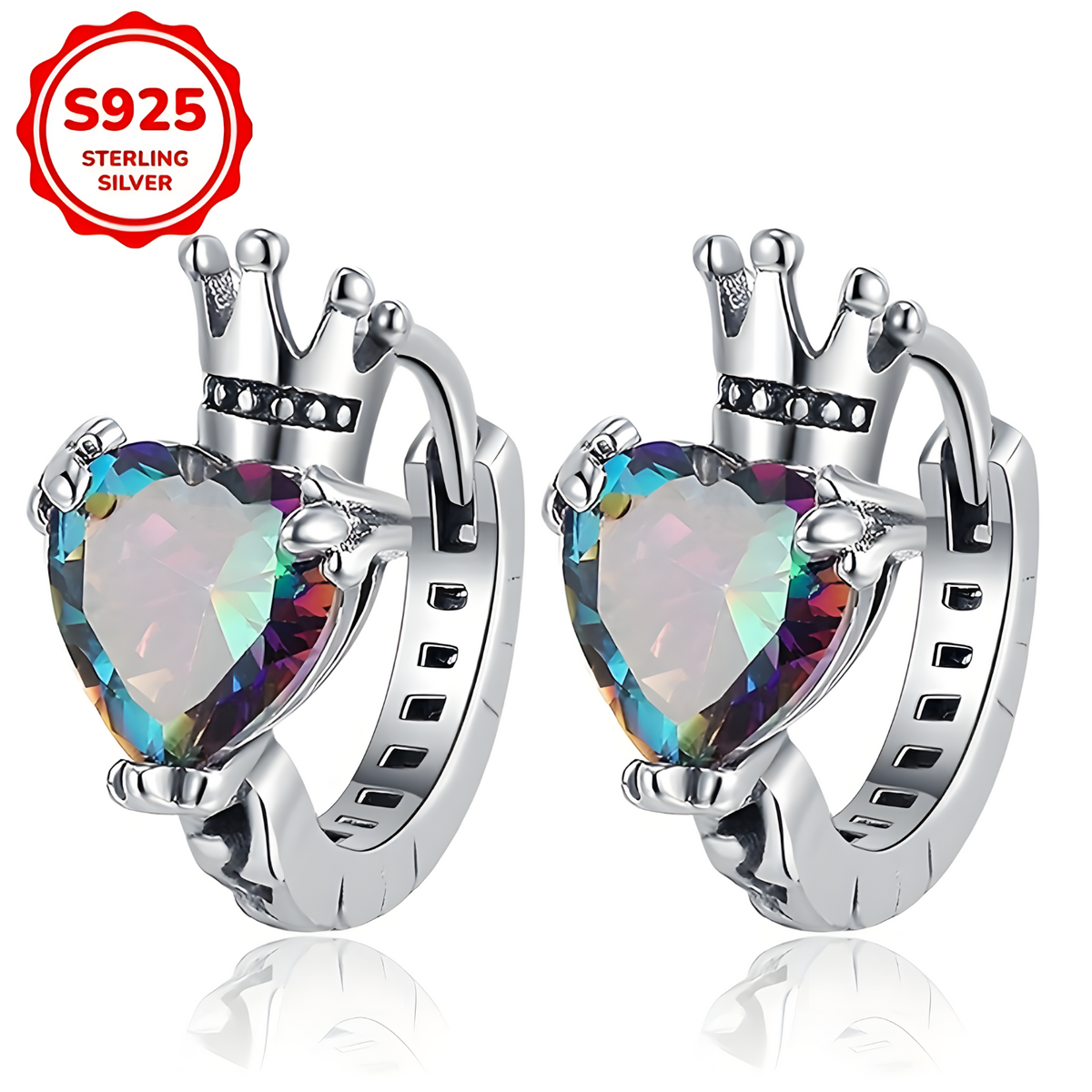 Sterling Silver Crown Heart Hoop Earrings for Women – Cubic Zirconia Hoops 840