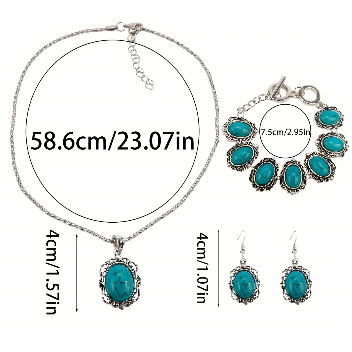 3-Piece Vintage Turquoise Jewellery Set Women – Classic Zinc Alloy Necklace 722