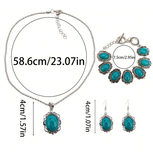 3-Piece Vintage Turquoise Jewellery Set Women – Classic Zinc Alloy Necklace 722