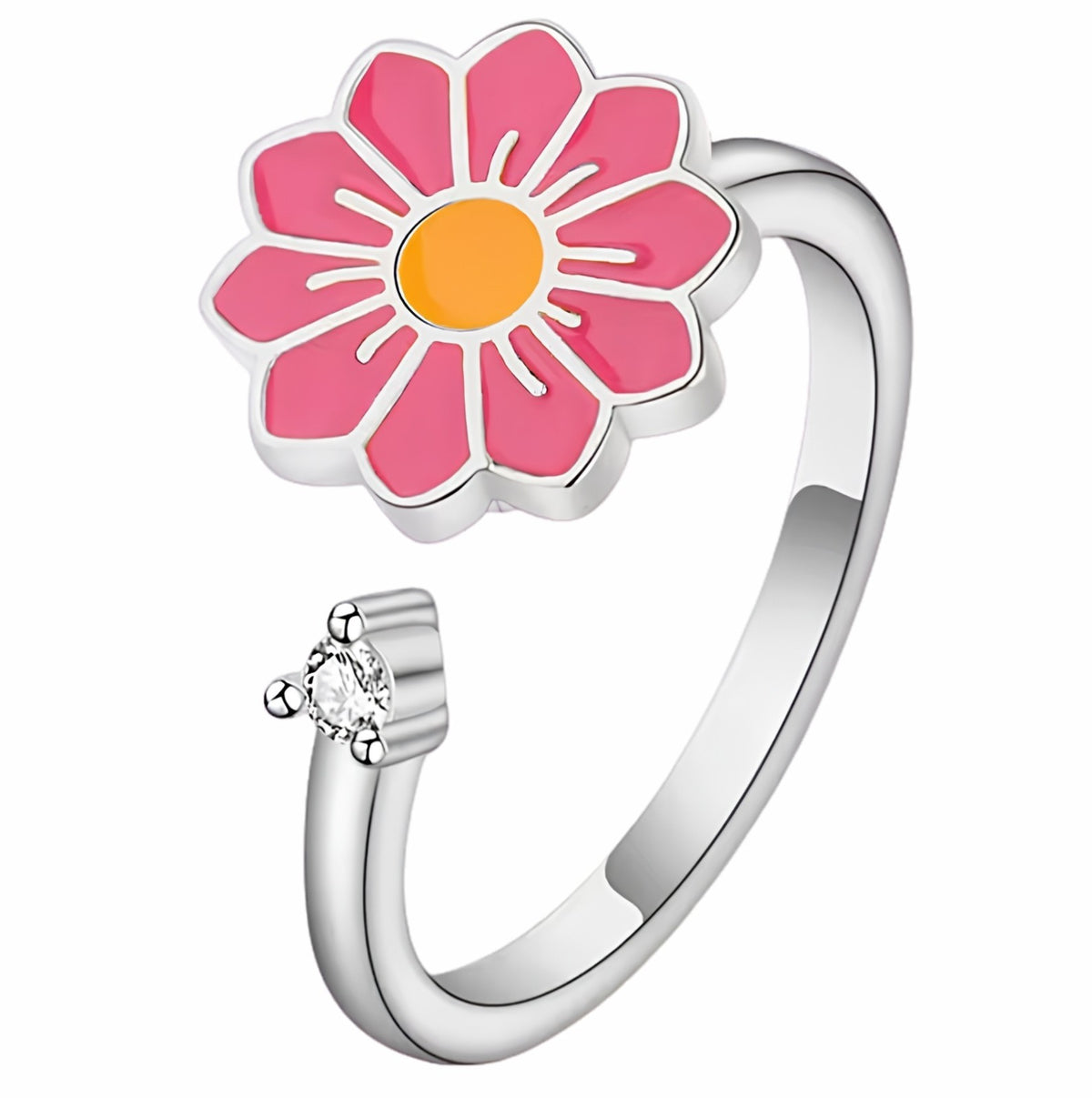 Daisy Flower Adjustable Open Ring Silver Tone Statement Ring Pink Enamel 1598