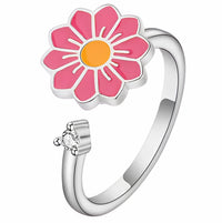 Daisy Flower Adjustable Open Ring Silver Tone Statement Ring Pink Enamel 1598