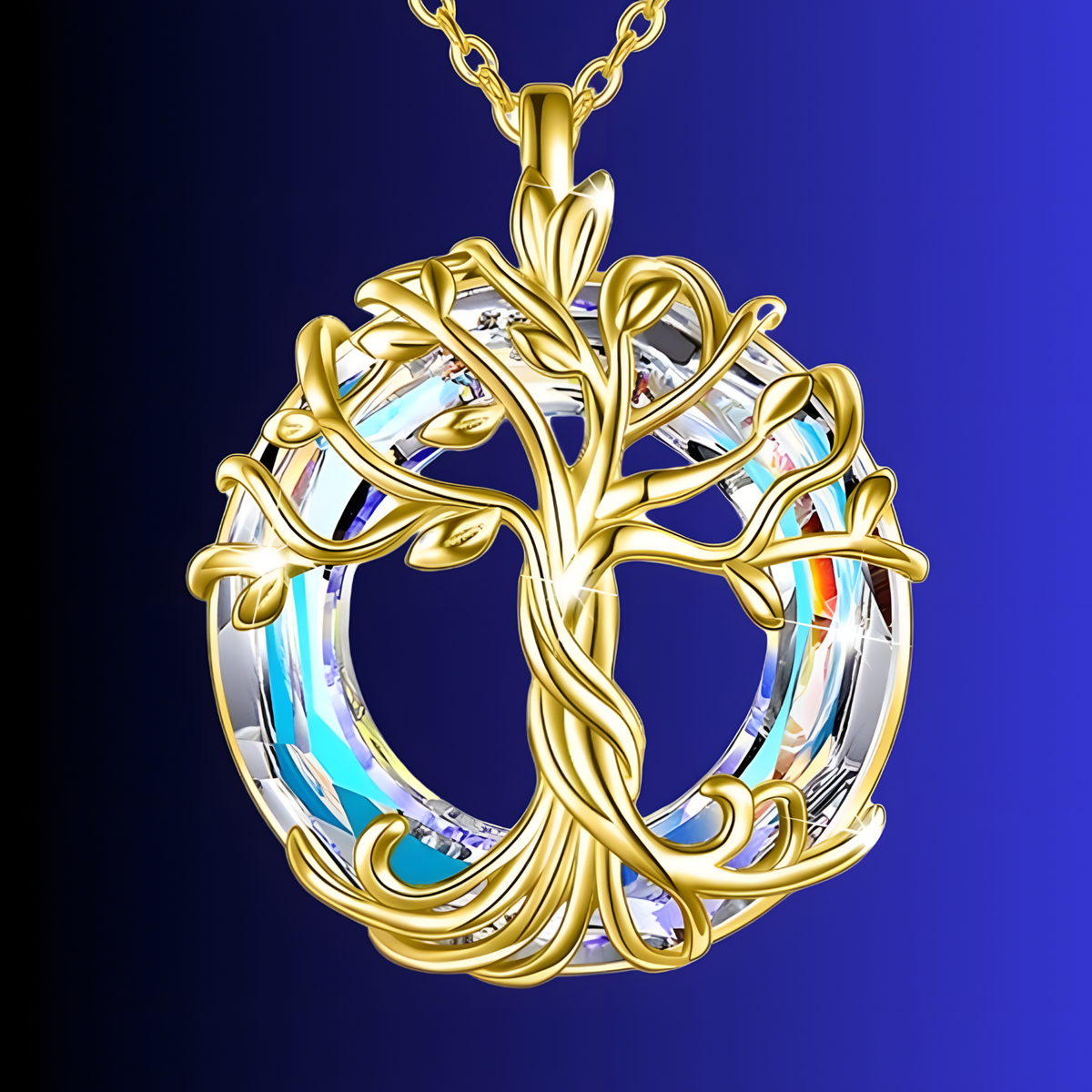 Gold Celtic Tree of Life Necklace with Dazzling Crystal Family Harmony Gift B77
