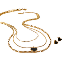 3PCS Stainless Steel Black Heart Necklace Earrings Set MultiLayer Gold Chain 718