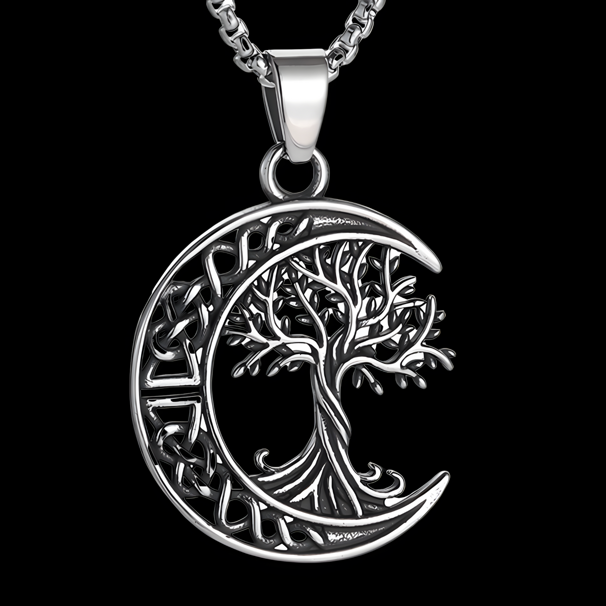 Stainless Steel Tree of Life Moon Pendant Necklace 600mm Chain Jewelry B25
