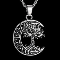 Stainless Steel Tree of Life Moon Pendant Necklace 600mm Chain Jewelry B25
