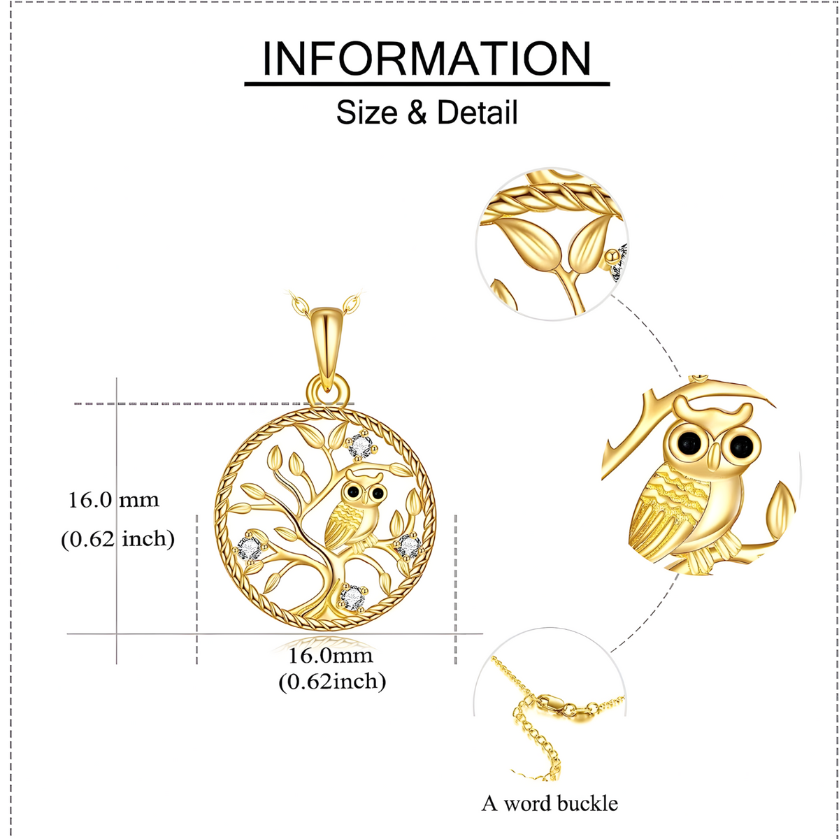 Round Gold Tone Owl Pendant Necklace – Metal Tree Of Life Design Crystal 1076