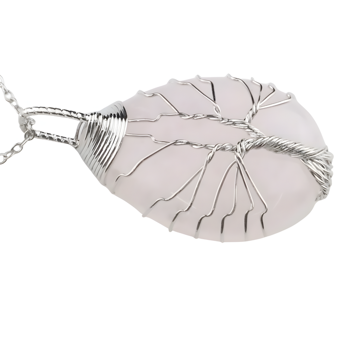 Silver Pink Crystal Tree Of Life Pendant Necklace For Women Oval Gemstone 1337