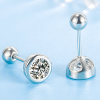 925 Silver-Plated Bezel Round Stud Earrings Clear Zircon Crystal Screw-Back 947