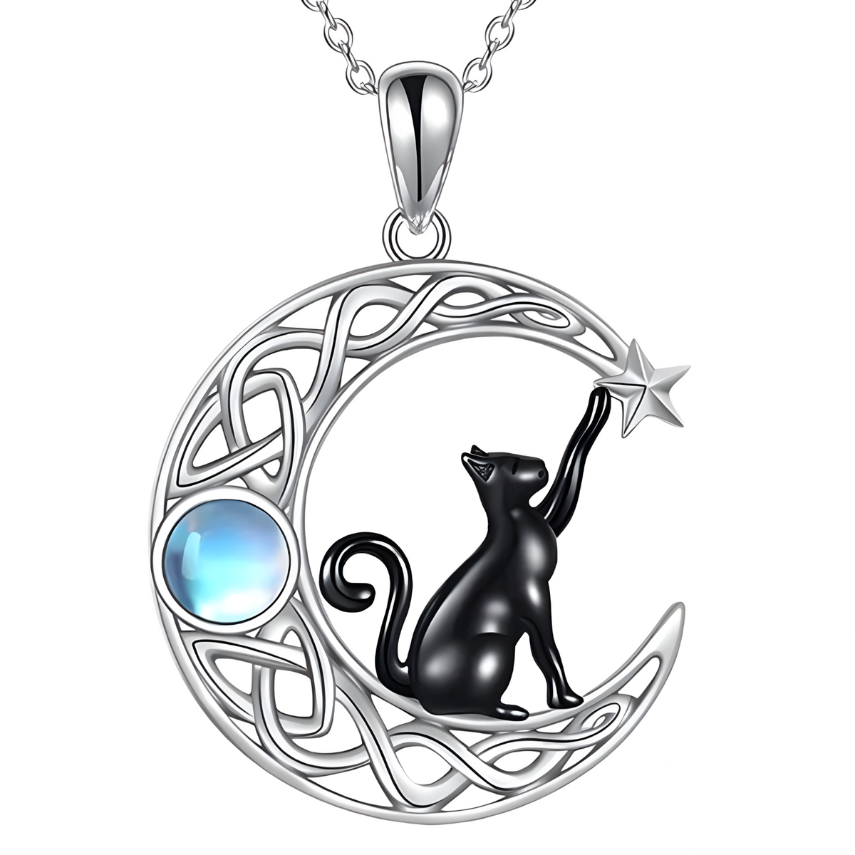 Crescent Moon Cat Necklace Women – Silver-Tone Zinc Alloy Celtic Knot Moon 1080