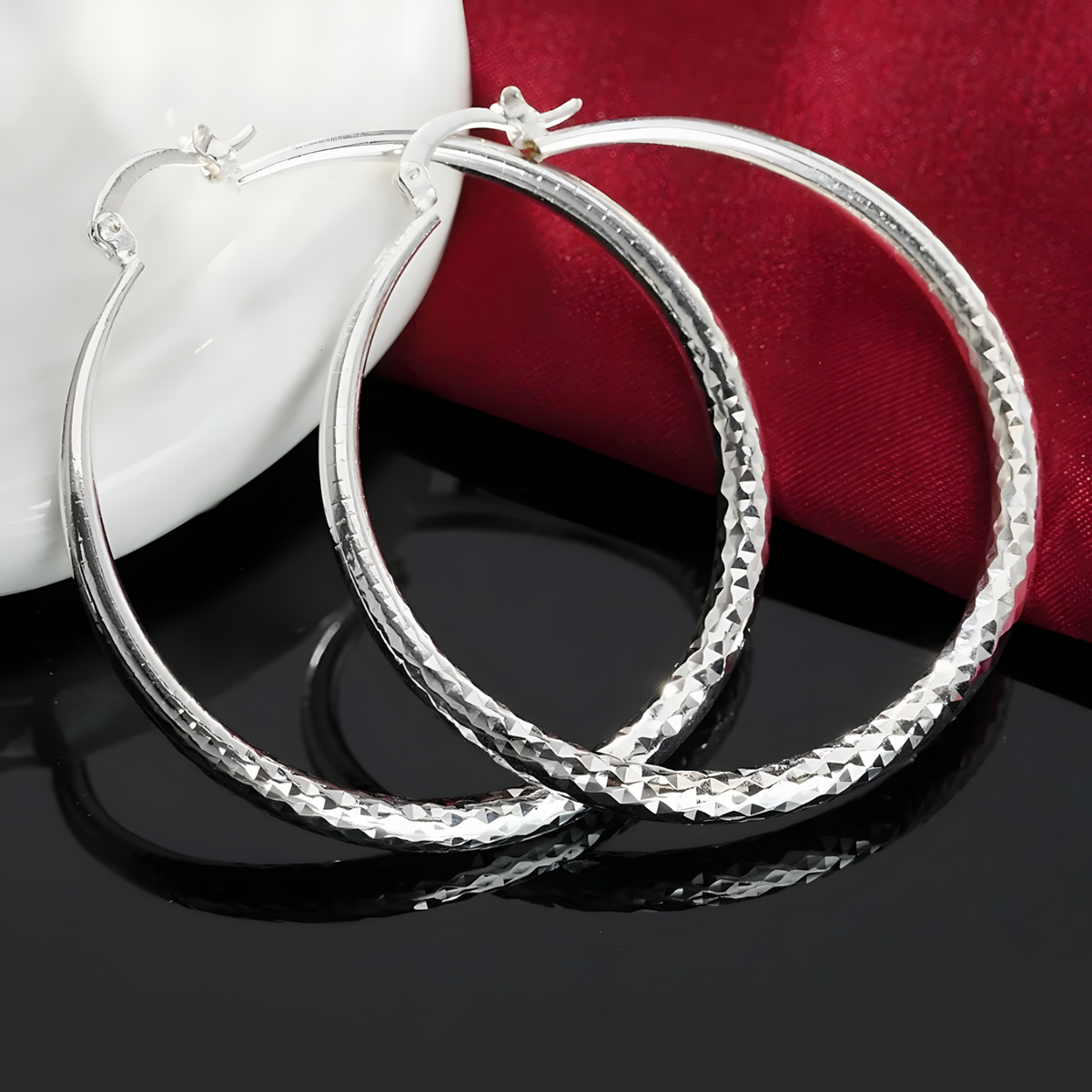Diamond-Cut Hoop Earrings 5CM Large Round Textured Hoop Earrings for Women 1495
