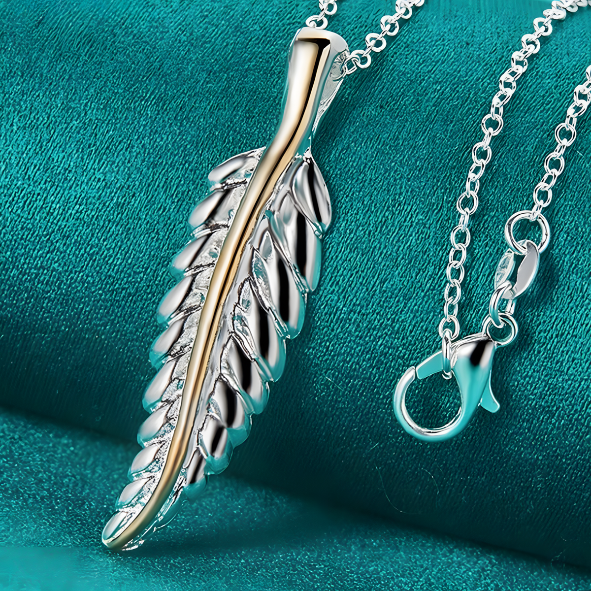 Feather Pendant Necklace 18 Inch Snake Chain - Two Tone Textured Feather 1500