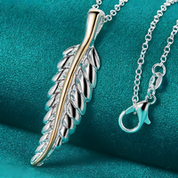 Feather Pendant Necklace 18 Inch Snake Chain - Two Tone Textured Feather 1500