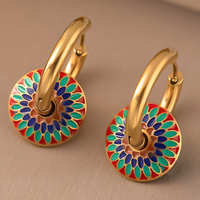Gold Tone Painted Chrysanthemum Necklace and Hoop Earrings Set, Colourful 1725