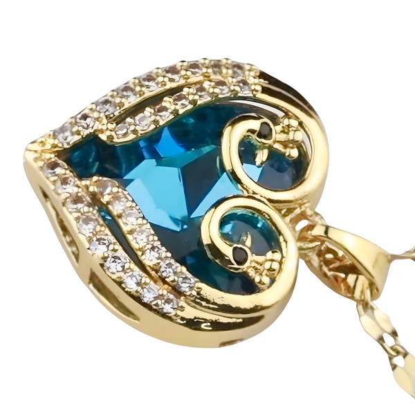18K Gold Inlaid Cubic Zirconia Heart Pendant Necklace Blue Crystal Heart 1309
