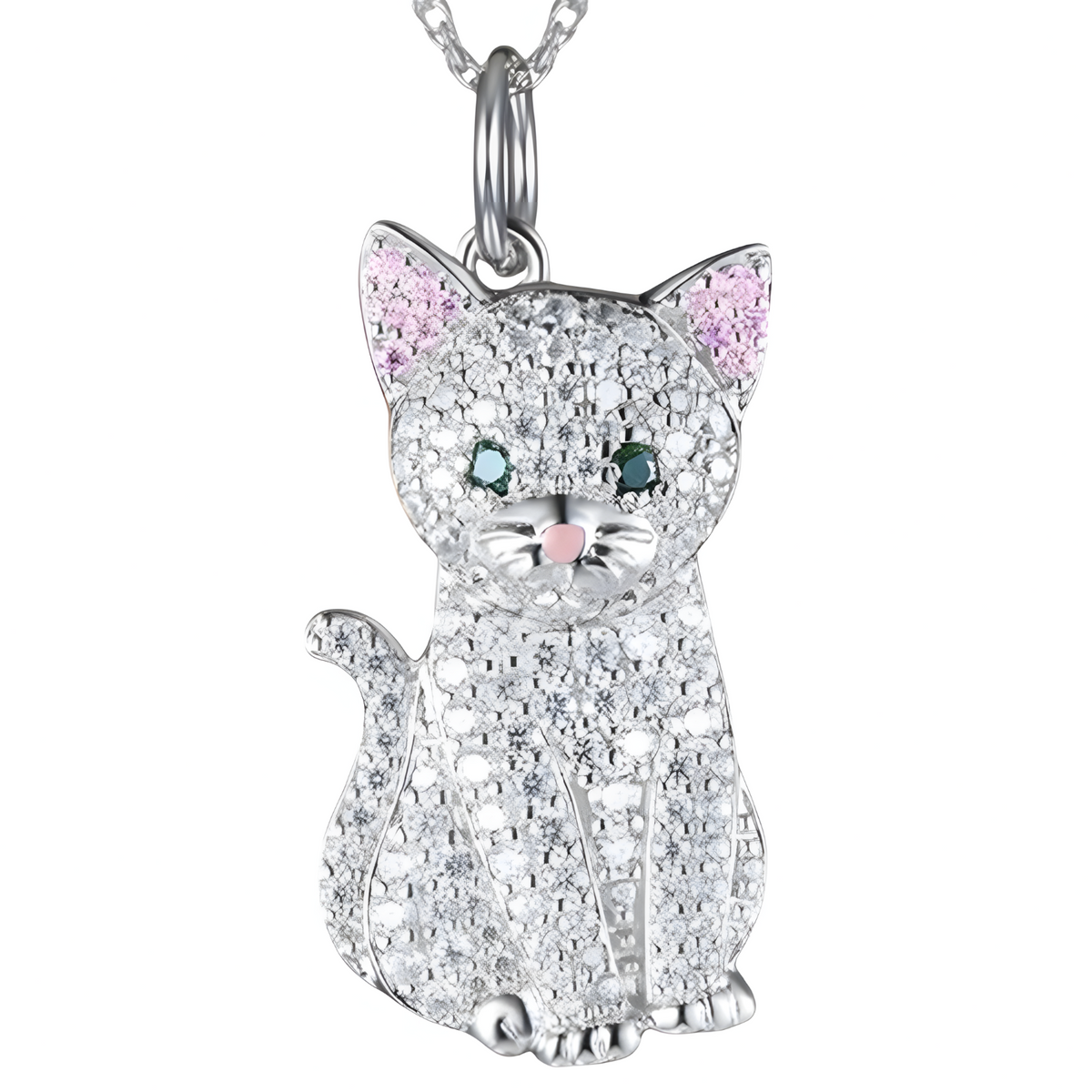 Cat Pendant Necklace For Women Silver Tone Look Crystal Kitten Charm Animal B246