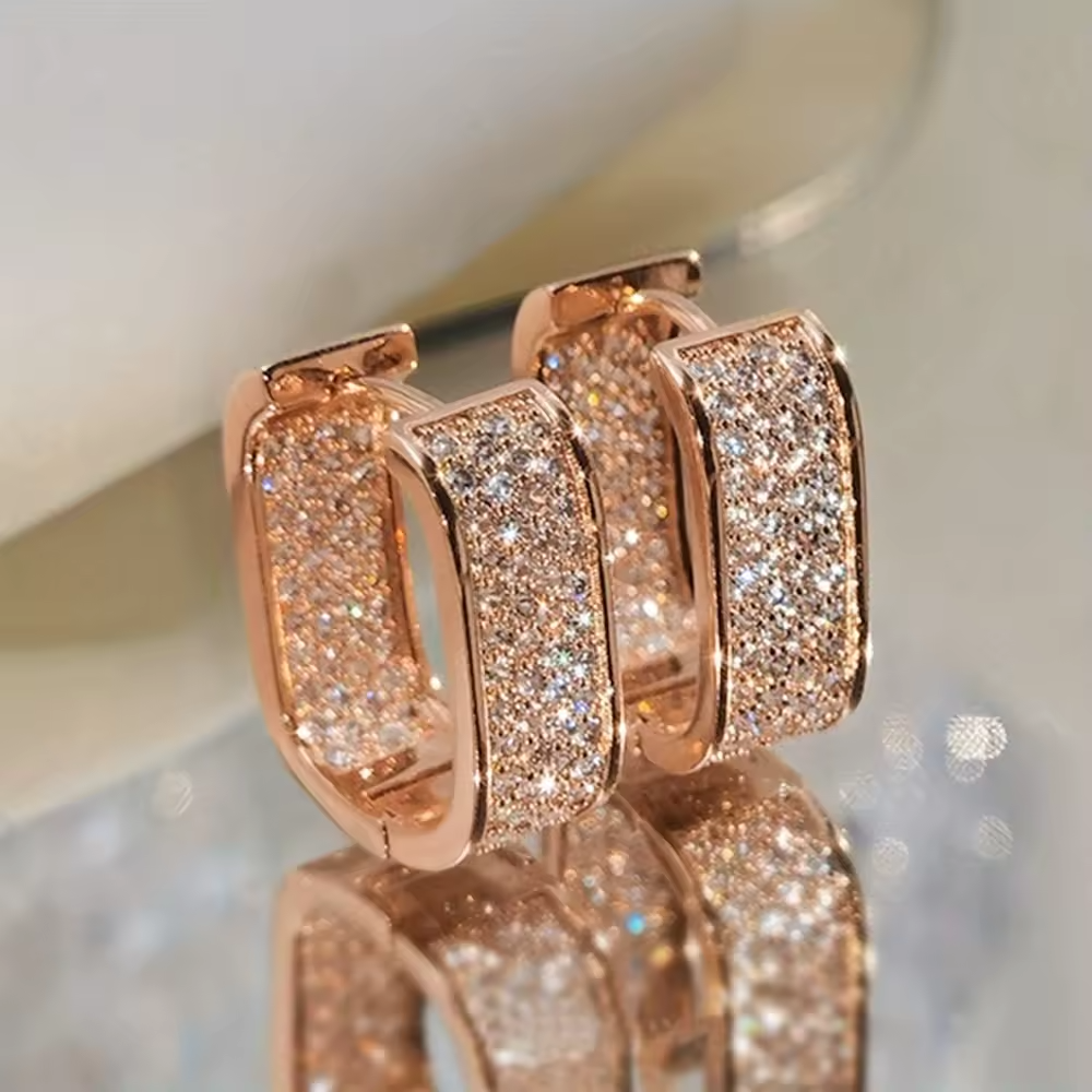 Rose Gold Plated Pavé Hoop Earrings 18mm x 8mm Micro Inlay Round Brilliant 1367