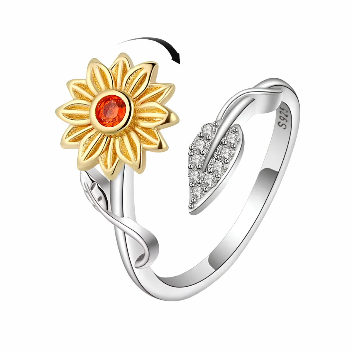 Sunflower Spinner Ring Adjustable Open Ring Two Tone Statement Fashion Ring 1591