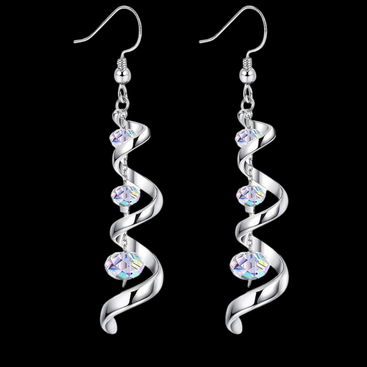 925 Sterling Silver Spiral Ribbon Teardrop Dangle Earrings Austrian Crystal B5