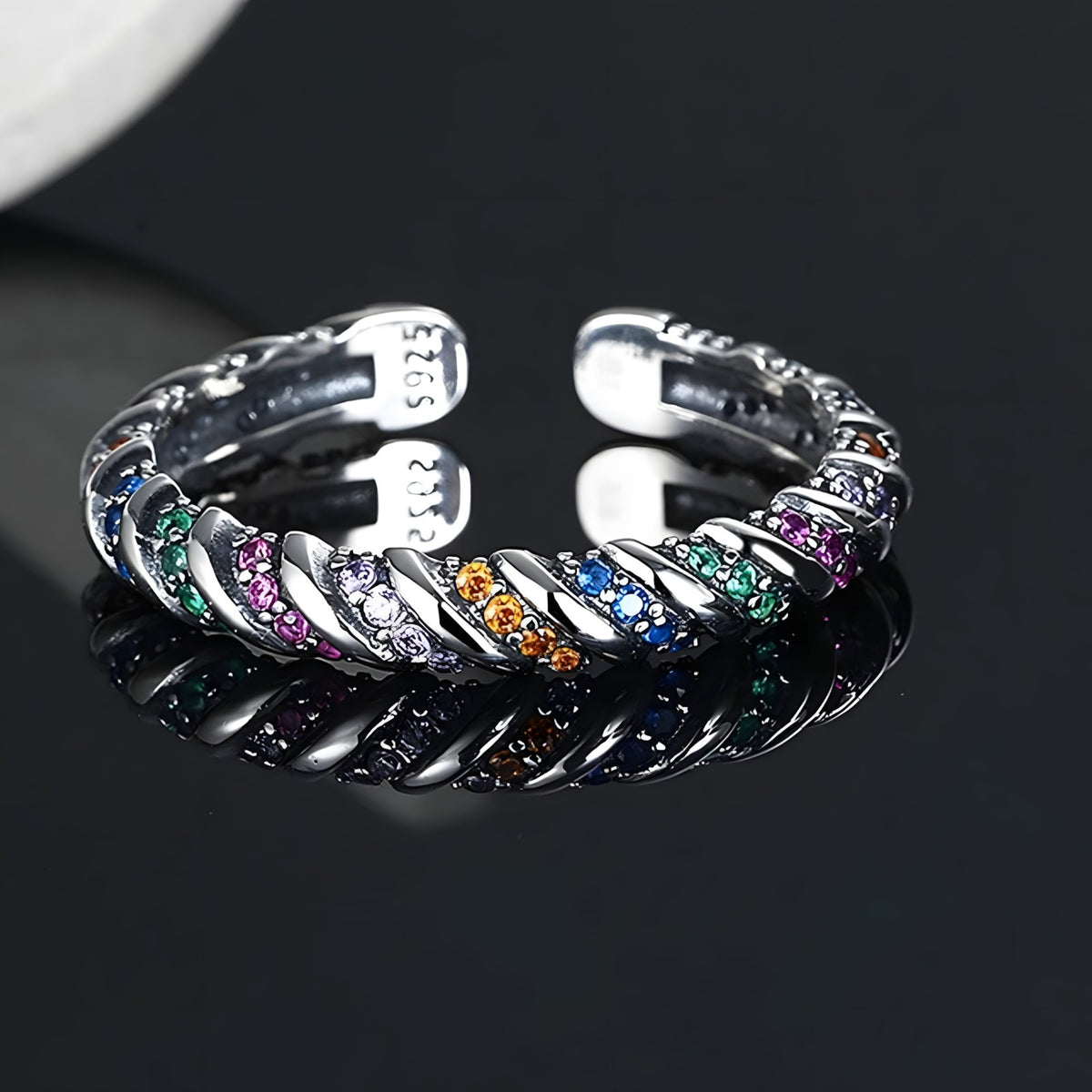 925 Sterling Silver Adjustable Ring, Colorful CZ Stone Ring, Twisted Rope 374