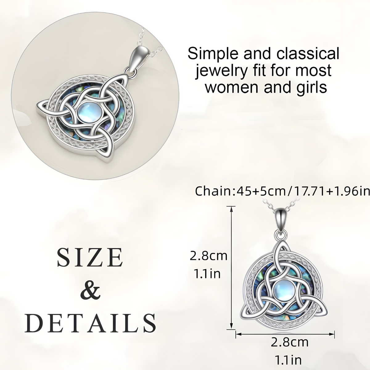 Trinity Knot Moonstone Necklace for Women – Celtic Pendant with Opal Style B136