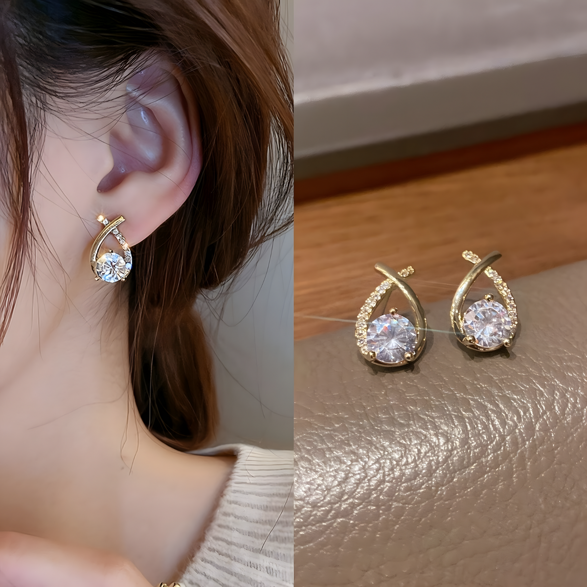 Gold Color Necklace and Earrings Set Women – Elegant Teardrop Zircon Pendant 698